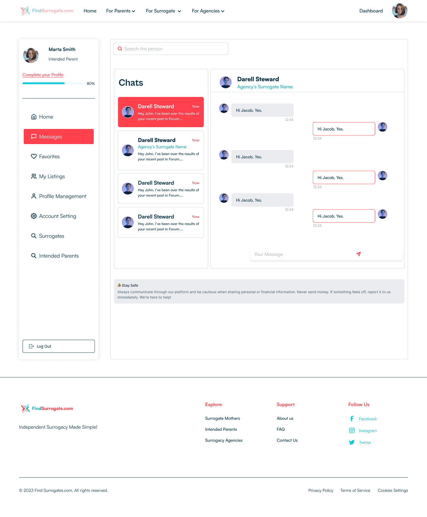 Find Surrogate dashboard messages screen