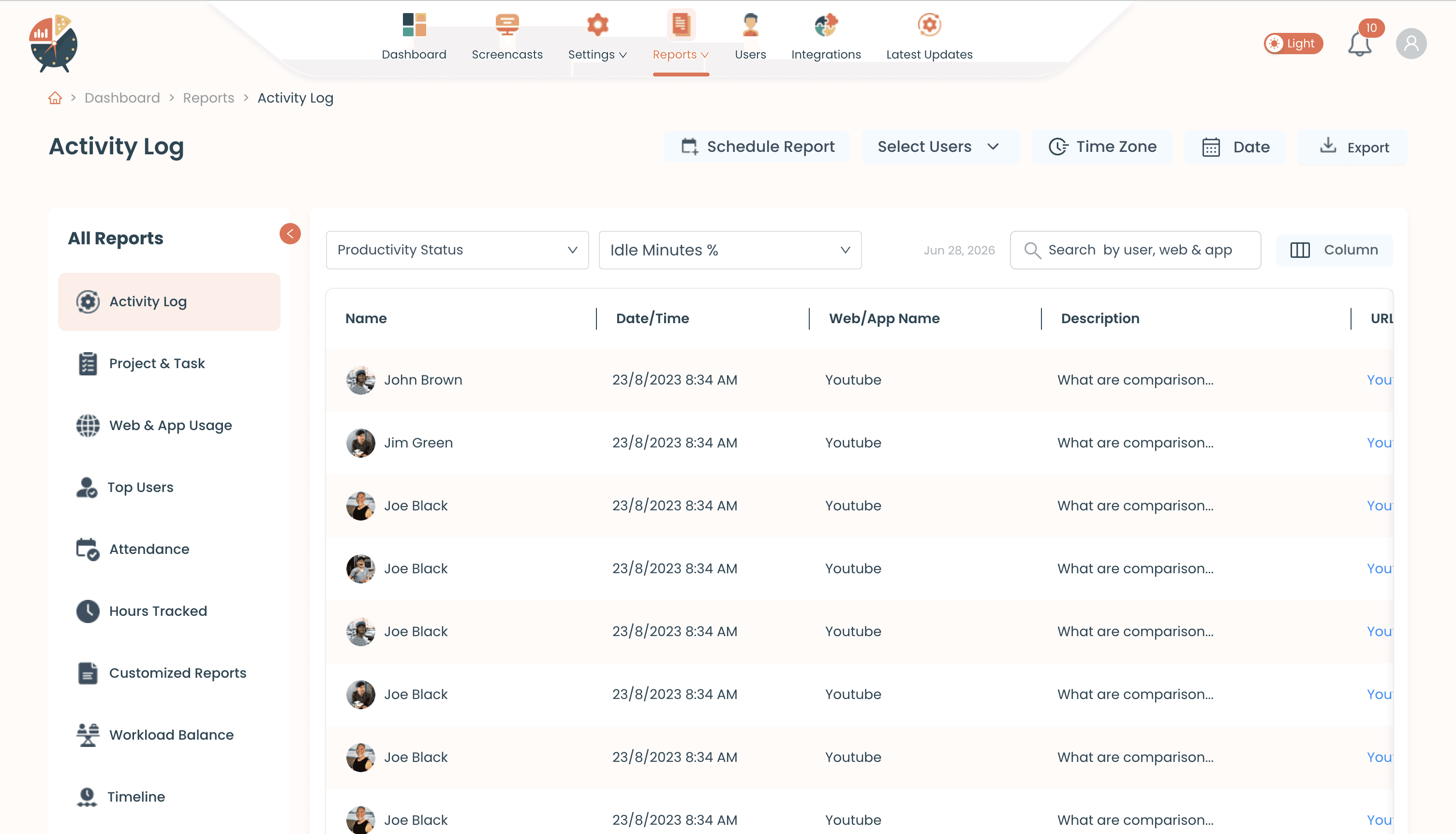 Clocklog activity log reports screen