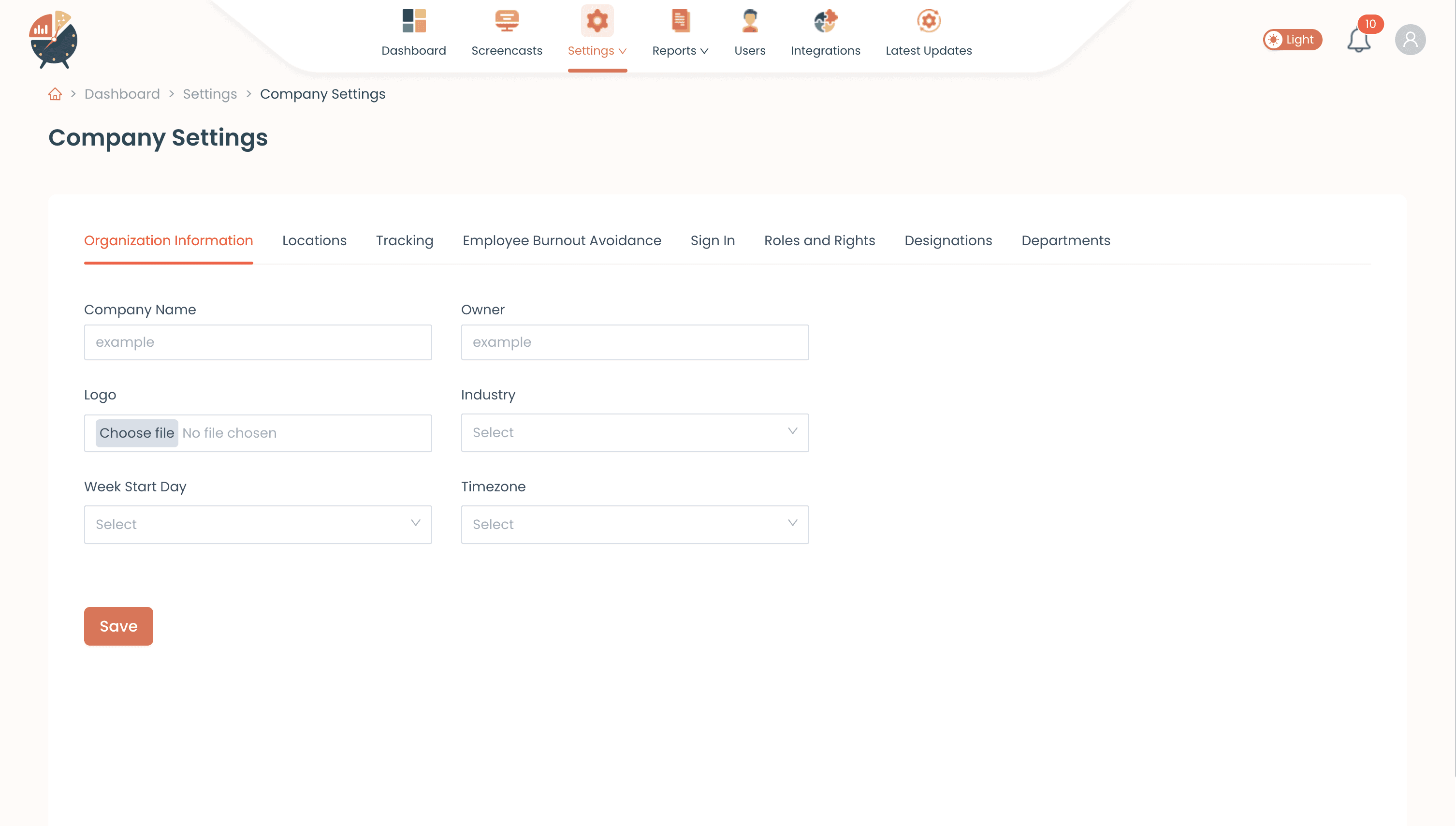 Clocklog company settings screen