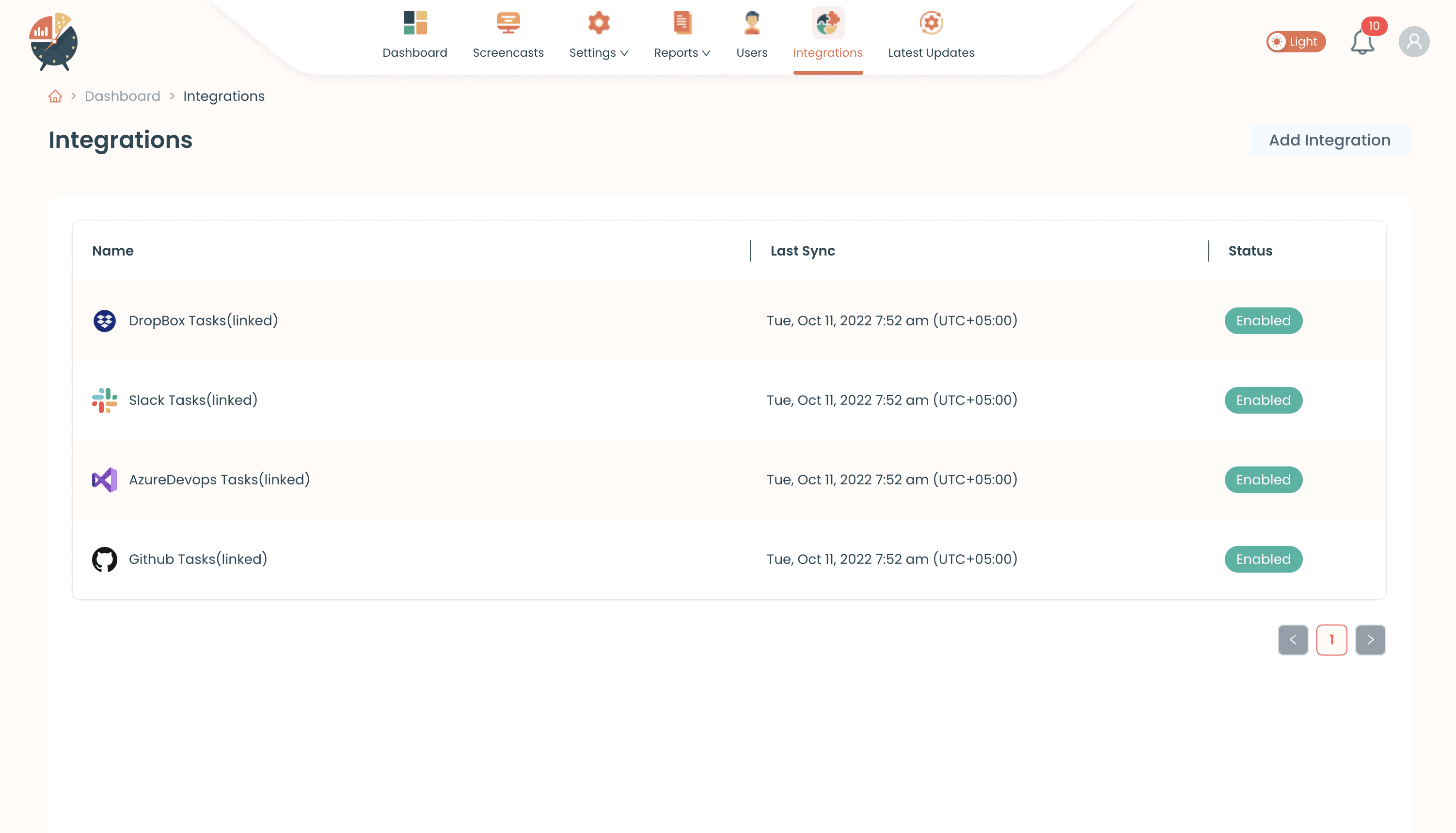 Clocklog integrations screen