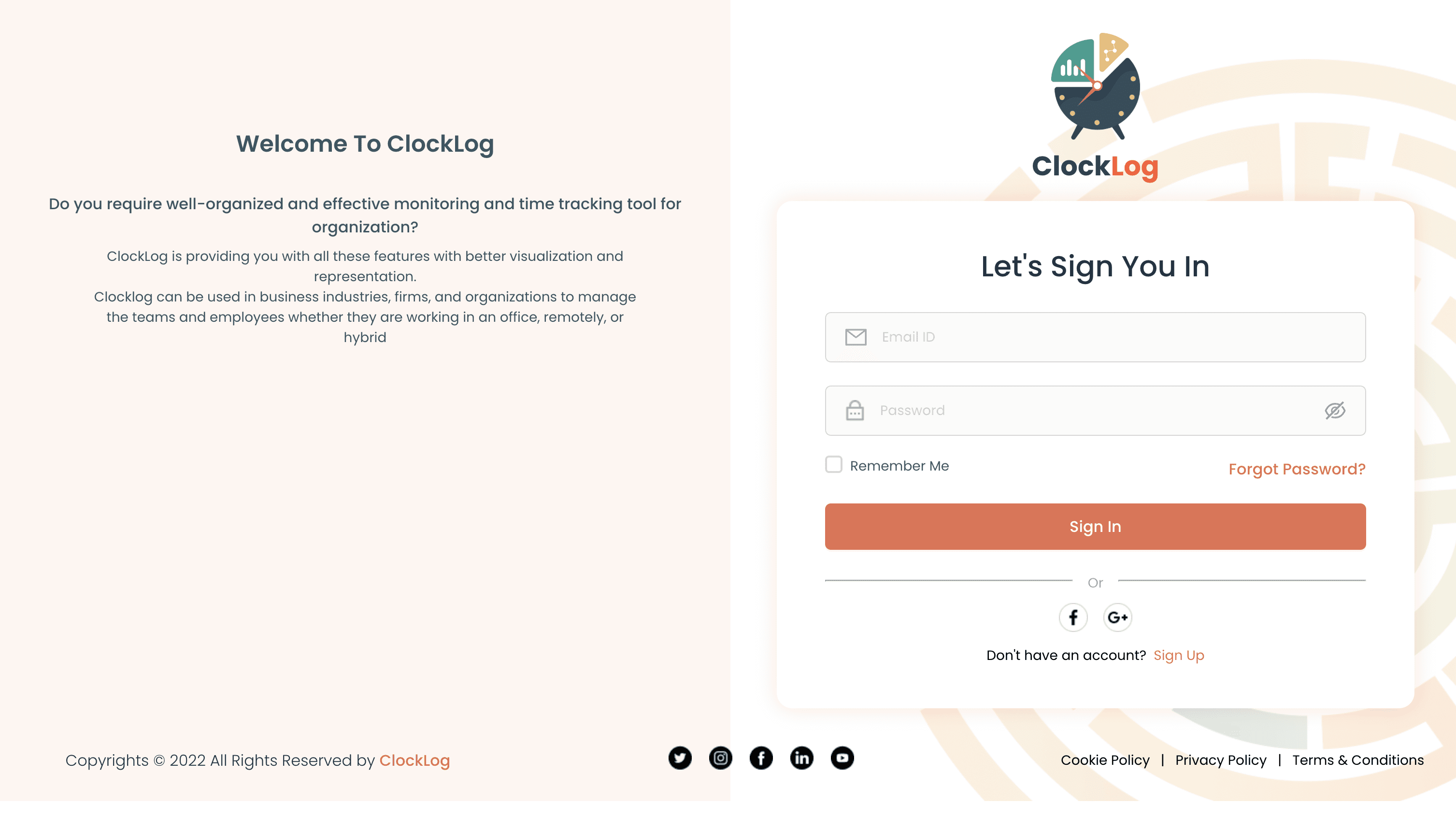 Clocklog login screen