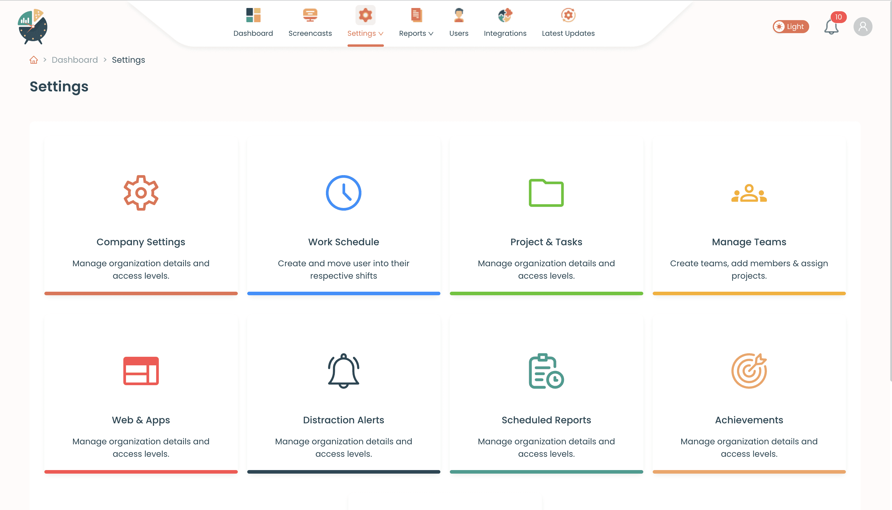 Clocklog settings overview screen