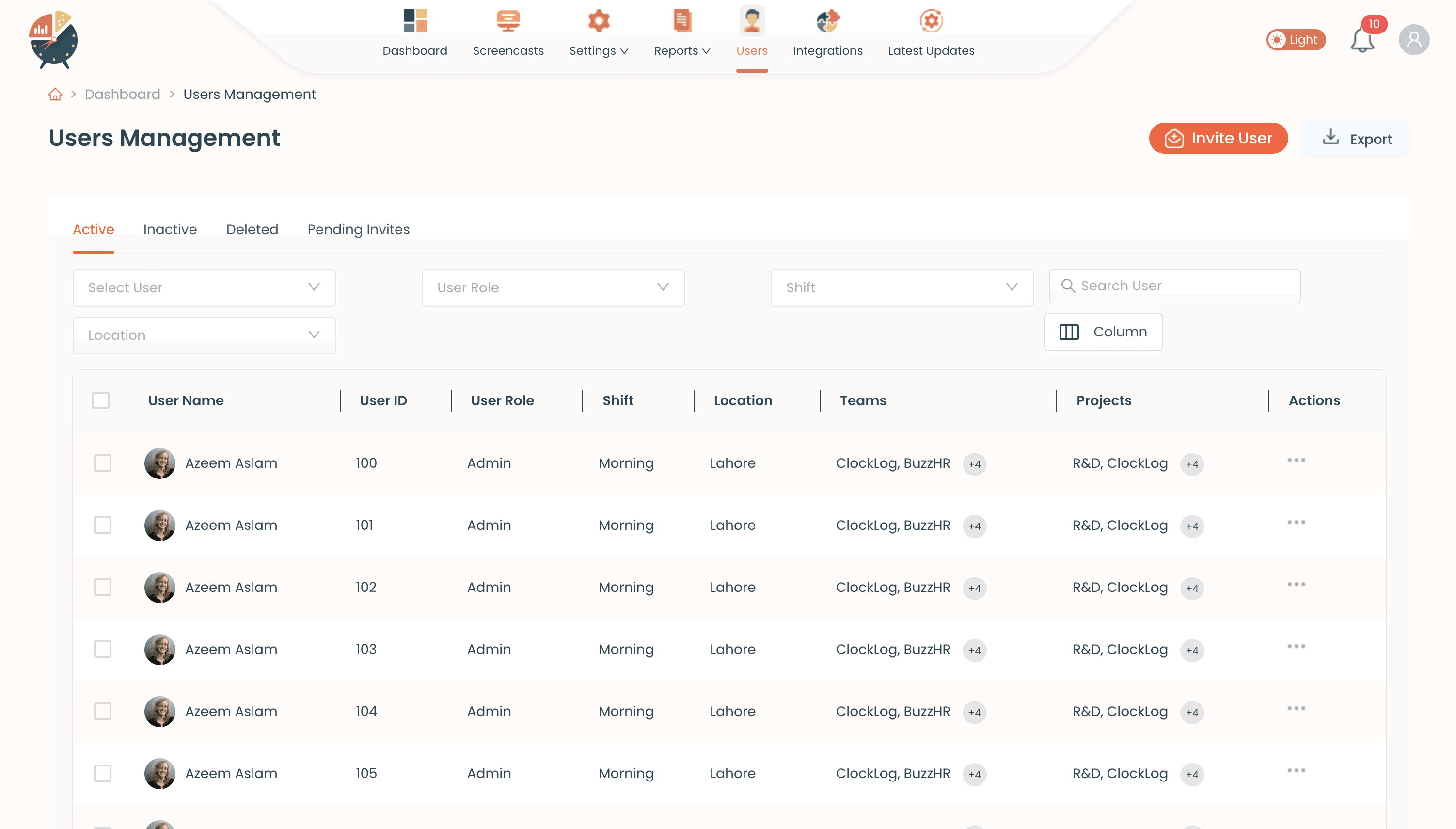 Clocklog users management screen