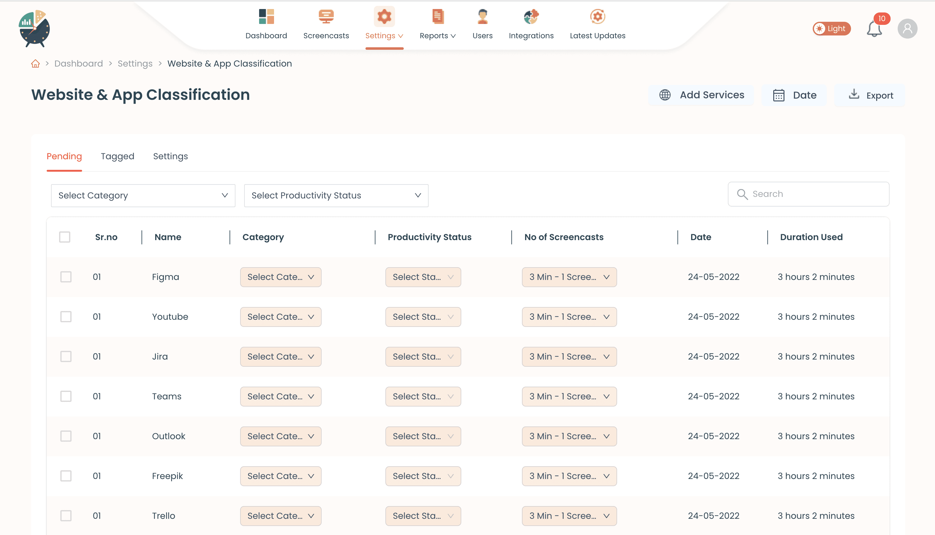 Clocklog website and app classification screen