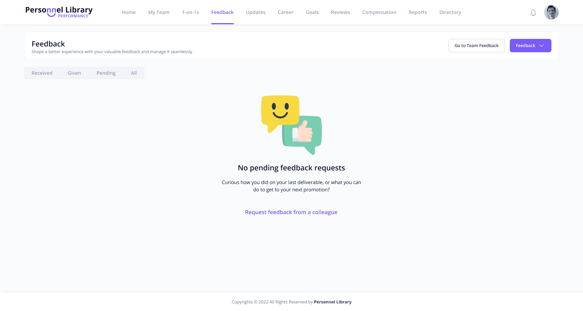 Personnellibrary no pending feedback screen