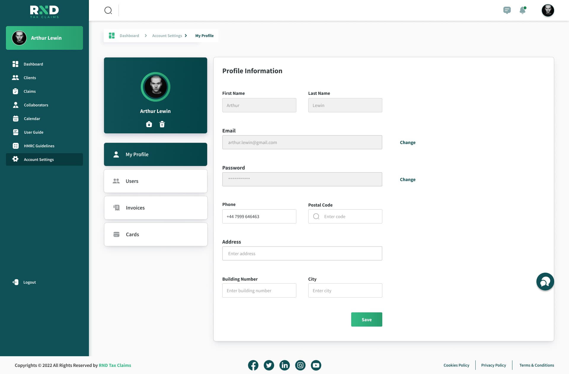 RND Tax Claims account settings screen