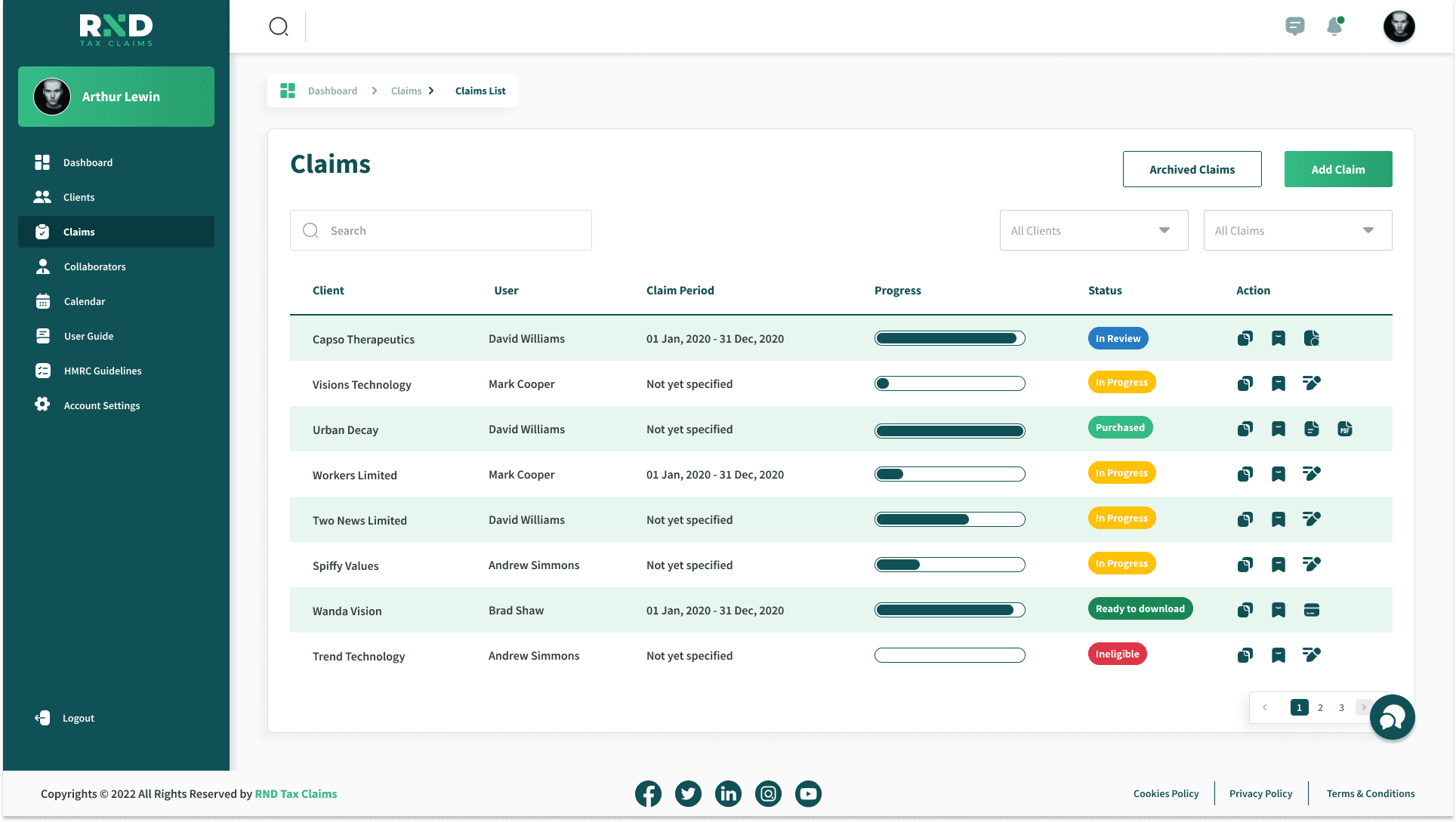 RND Tax Claims client profile screen