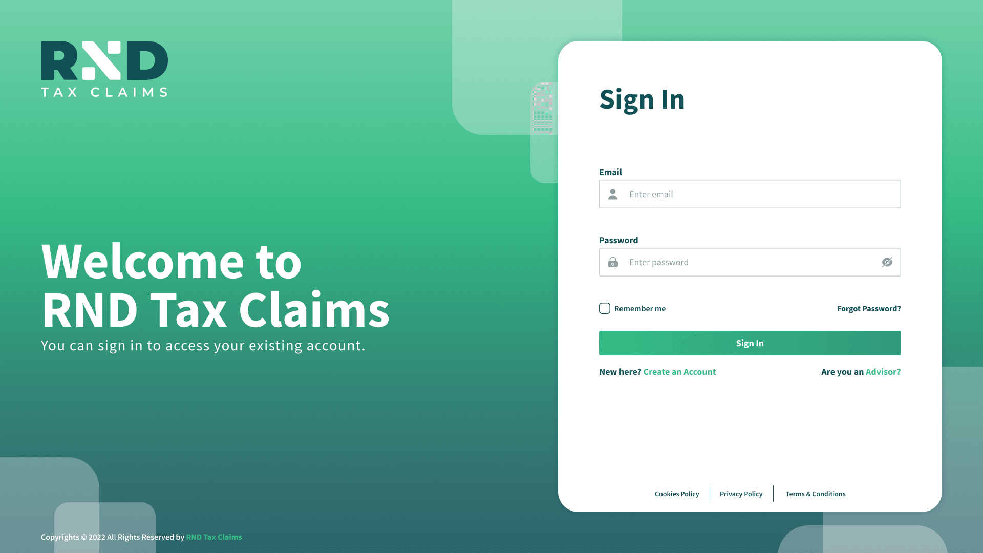 RND Tax Claims login screen