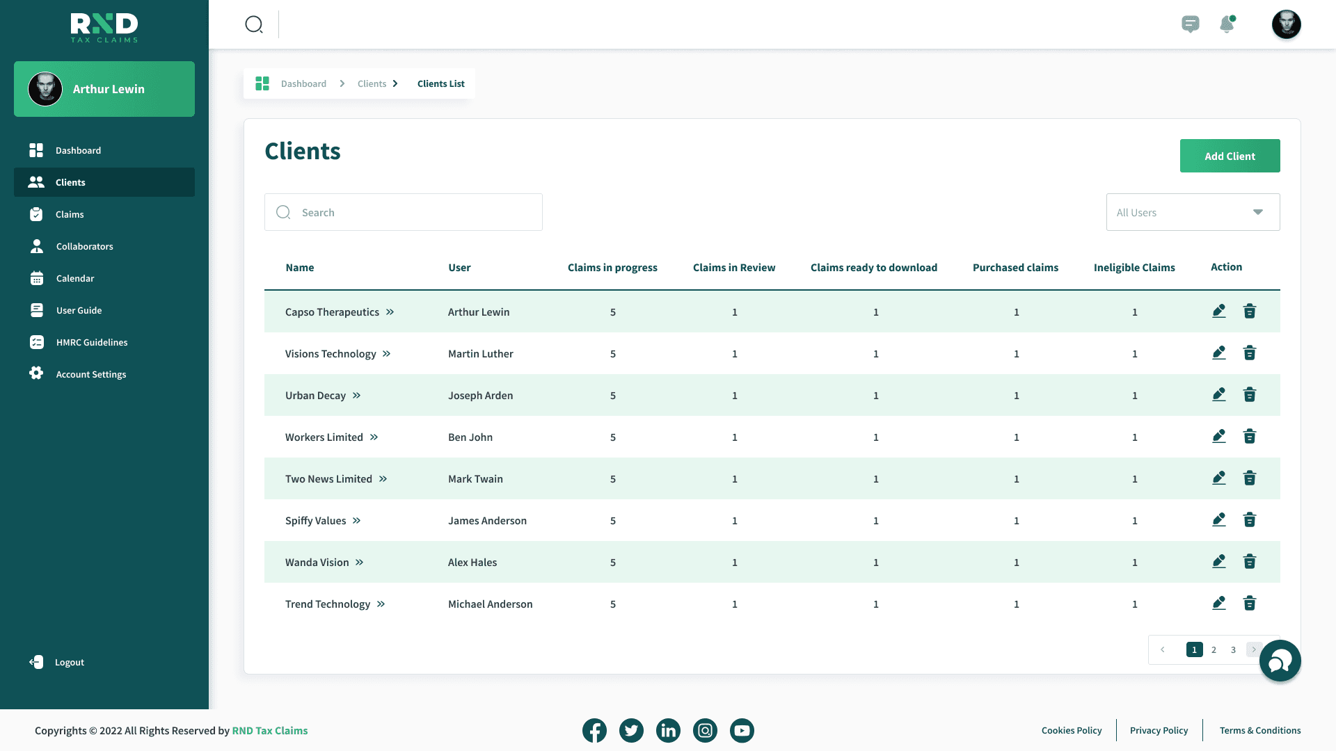 RND Tax Claims user guide screen